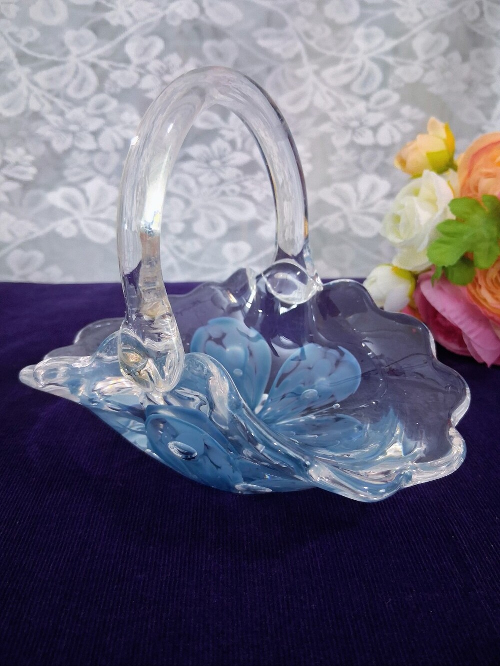 Zimmerman Art Glass Basket 2004 Blue Floral